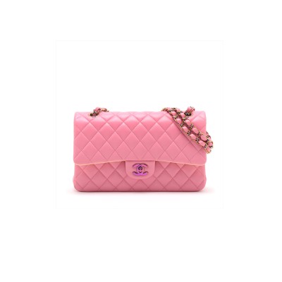 CHANEL MATELASSE 25 LAMBSKIN DOUBLE FLAP DOUBLE CHAIN BAG PINK RAINBOW METAL FIT (25.5*15*6cm) 